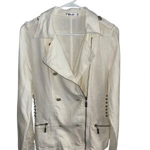 Mur Mur white studded linen double breasted moto military style zipper jacket